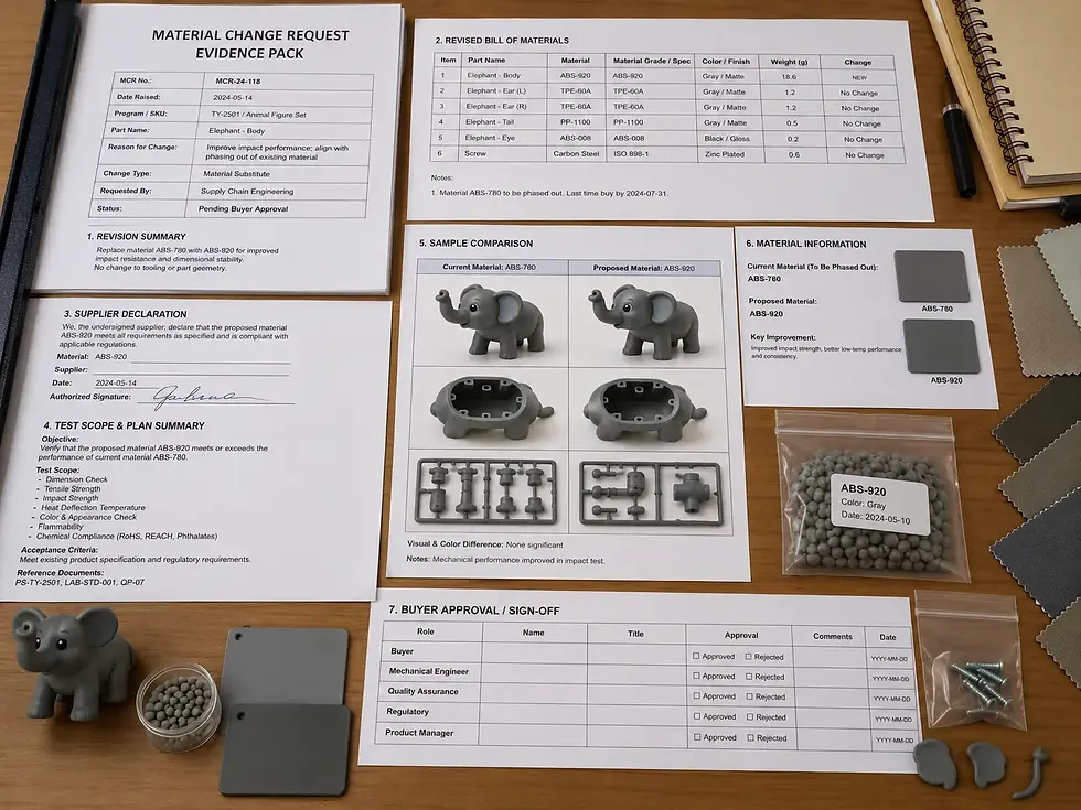 Toy material change request evidence pack with BOM, declarations, test scope, and approval sign-off.