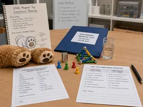 2026 magnet toy compliance planning desk with plush toy magnet notes, magnetic game pieces, small-parts cylinder, and compliance checklist.