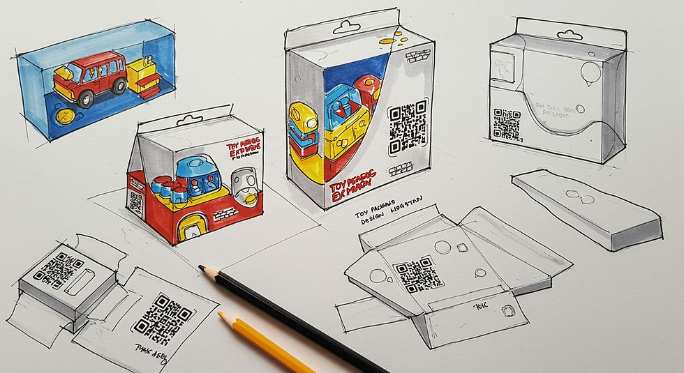 Toy Packaging Design Sketch with Embedded QR Integration