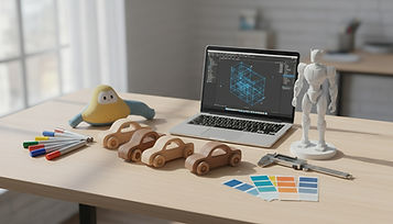 Christophe_Boucher_Studio_desk_with_toy_prototypes—wooden_vehicles,_plush_character,_6c7e3