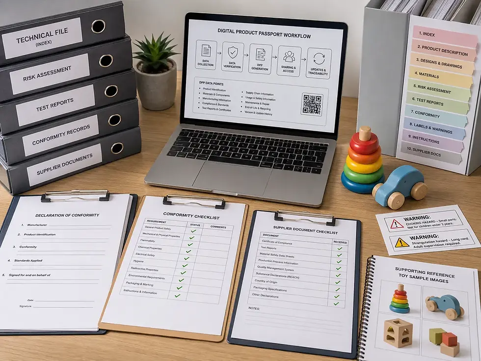 Digital product passport and technical file cross-check with warning labels, conformity records, and supplier document checklist.