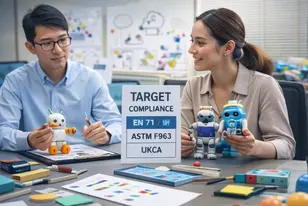 Two professionals reviewing toy compliance requirements and sample figures during product development planning in China