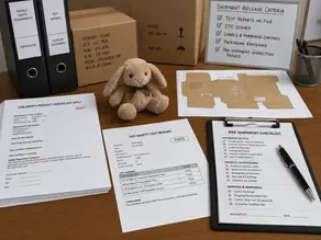 Toy compliance desk showing a CPC draft, lab report, packaging artwork, shipping marks, and pre-shipment paperwork review.