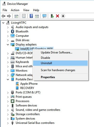uninstall Intel graphics driver
