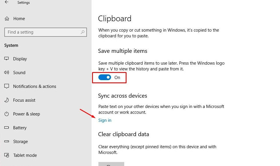 enable Cloud Clipboard feature on windows 10