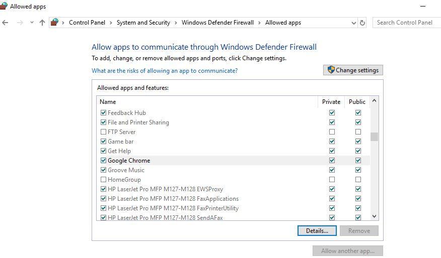 Allow Chrome through Windows Defender Firewall