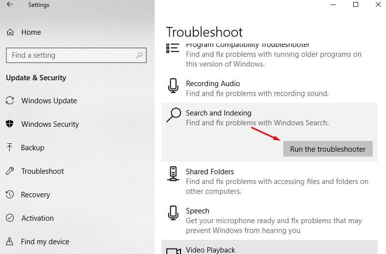 Search and indexing troubleshooter