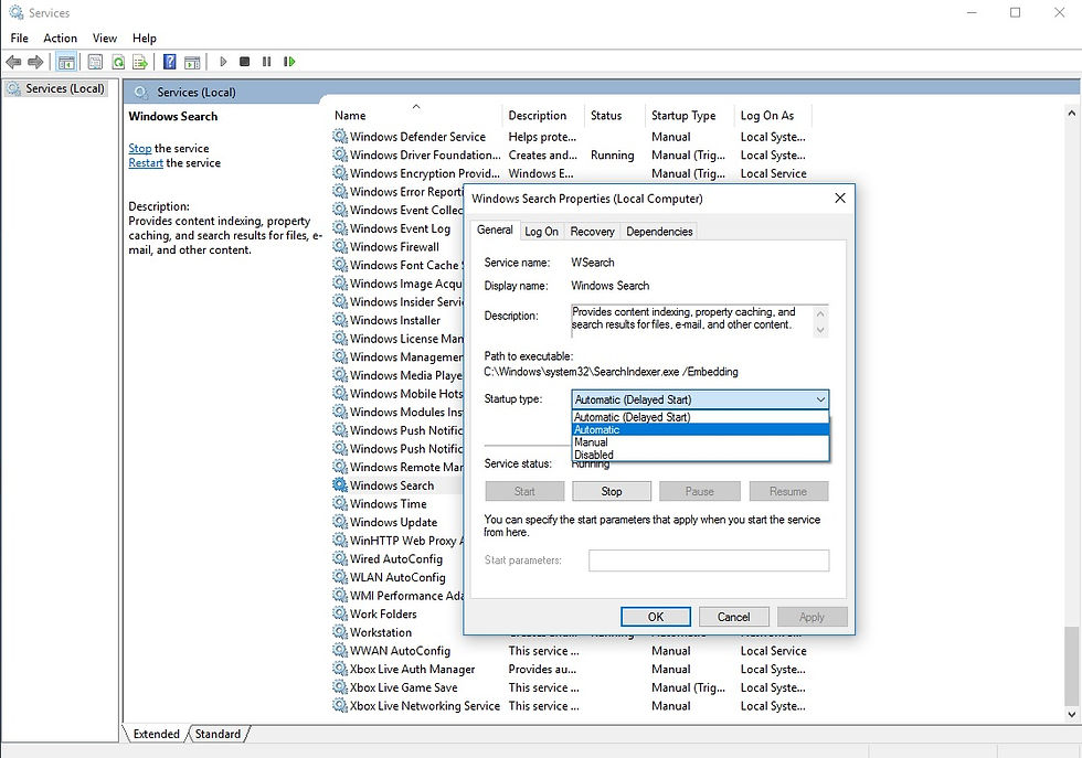 Restart windows search services
