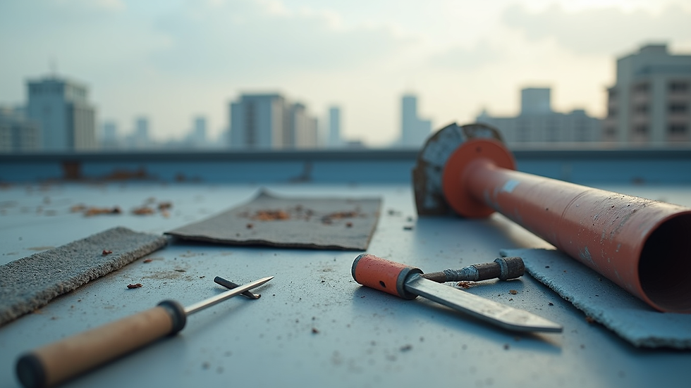 Close-up view of roofing materials and tools on a rooftop