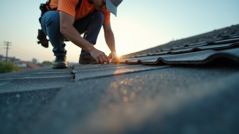 Eye-level view of a roof inspector examining roof shingles