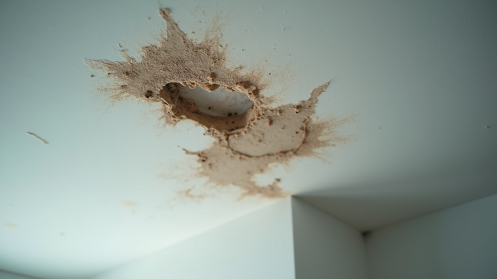 Close-up view of water damage on ceiling caused by roof leak