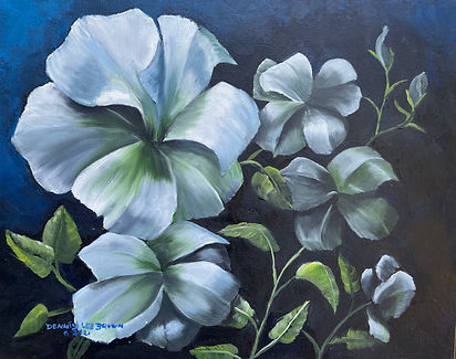 The gracefulness of the garden beauties inspired me to capture them as they showed their openness. I felt compelled to paint in oils their laid-back expression. To contrast the painting, I carefully set them in a warm night scene. 