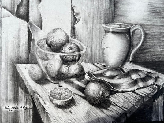 FRUIT, LINEN & A PICTURE 17w X 14h Stilllife Charcoal & Graphite on Bristol © Dennis Lee Brown 11-2022 Dennis Fine Art (ARR) IMG-3514-695USD Winter 2022 Drawings
