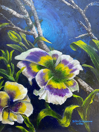 What inspired me was the reclined laid-back blossoms of these pretty flowers, so I went about painting them using oil paint on stretched cotton canvas.