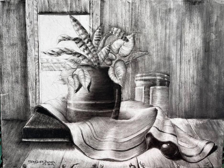 A CAN WITH APPLES 17" X 14"h Still-life Charcoal & Graphite on Paper (C) Dennis Lee Brown 12/2021-Dennis's Fine Art (ARR) IMG-E1289-295USD Collection: Drawings of Winter 2021