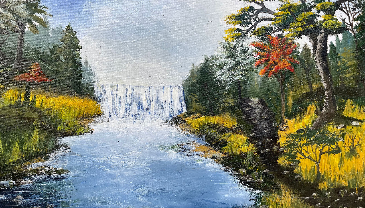 A Little Waterfall 16” X 20” Oil on Canvas © Dennis Lee Brown 6-2022 - Dennis's Fine Art (