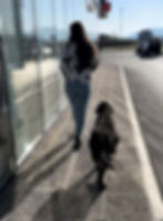 Frau mit Hund vor Ort in Bosnien unterwegs