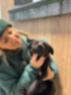 Frau hält kleinen schwarzen Hund vor Ort in Bosnien
