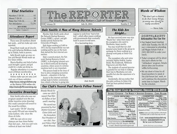July 31, 2014 Rotary Of Newport, Oregon Newsletter