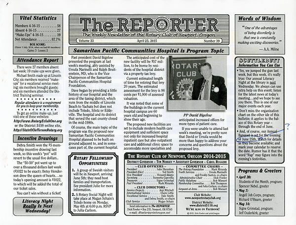 April 23, 2015 Rotary of Newport Newsletter
