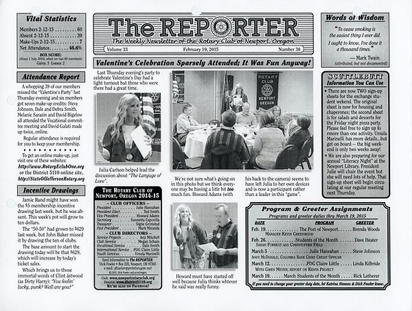 February 19, 2015 Rotary of Newport Newsletter