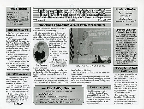 April 3, 2014 Rotary of Newport Newsletter