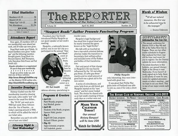 April 16, 2015 Rotary of Newport Newsletter