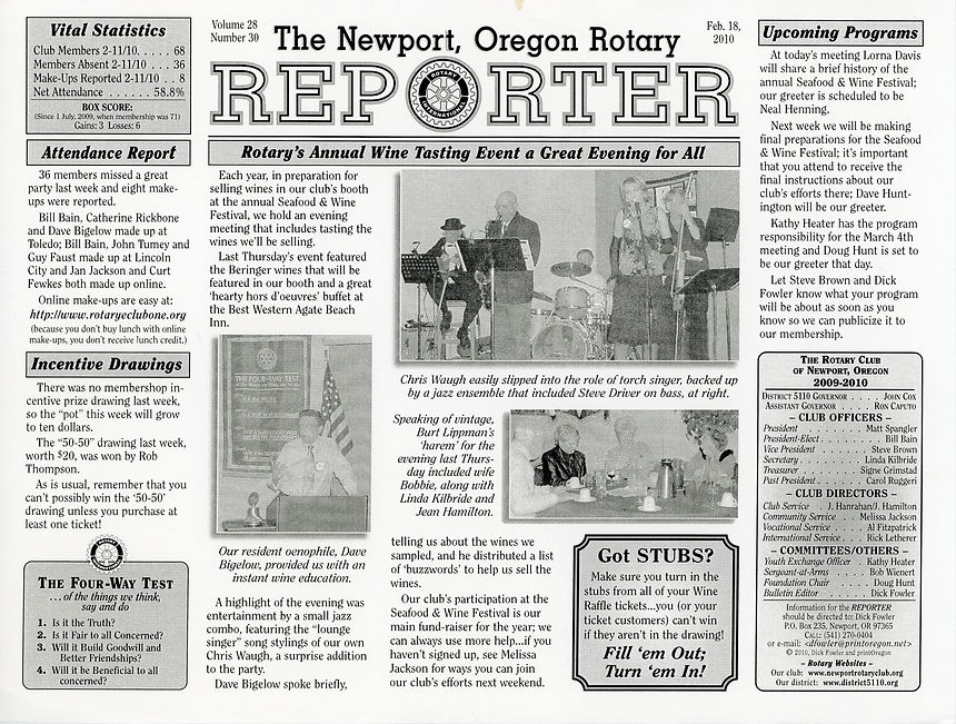 Rotary of Newport, Oregon February 18, 2010 newsletter.
