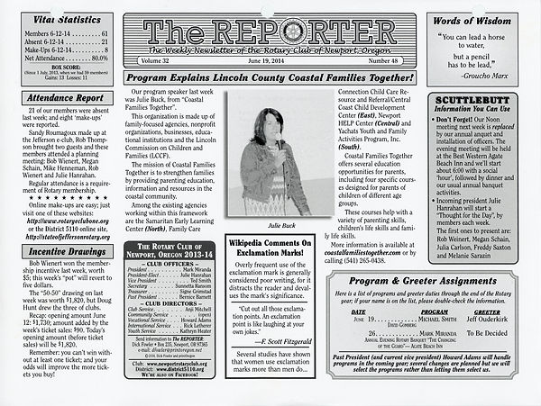 June 19, 2014 Rotary Of Newport, Oregon Newsletter