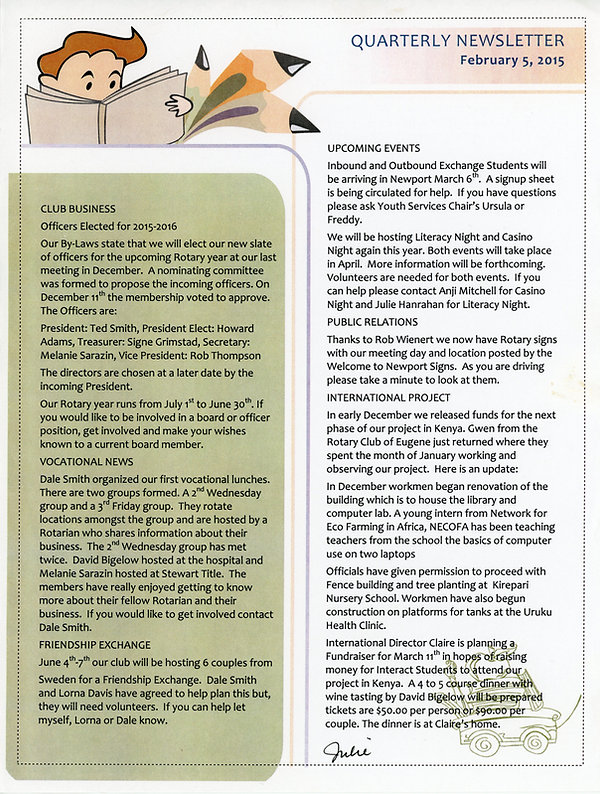 February 5, 2015 Rotary of Newport Quarterly Newsletter