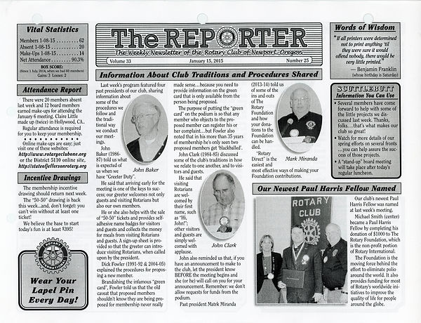 January 15, 2015 Rotary of Newport Newsletter