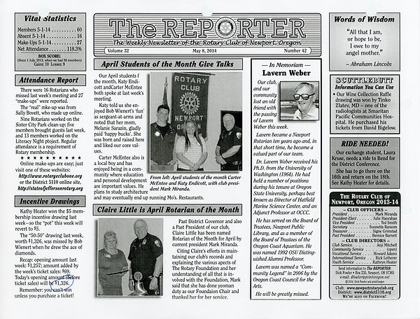 May 8, 2014 Rotary of Newport, Oregon Newsletter