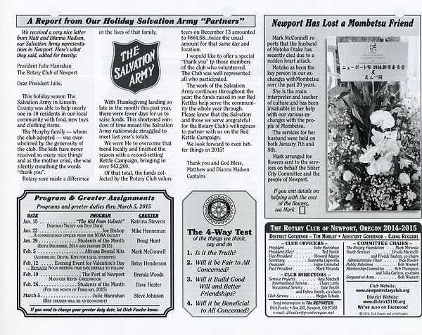 January 15, 2015 Rotary of Newport Newsletter