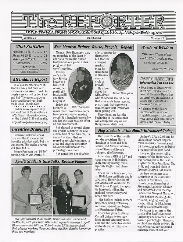 May 2, 2013 Rotary of Newport Newsletter