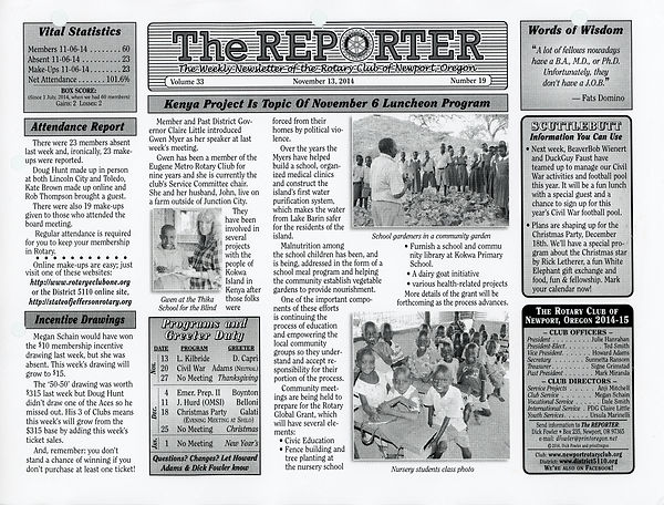November 13, 2014 Rotary Of Newport, Oregon Newsletter