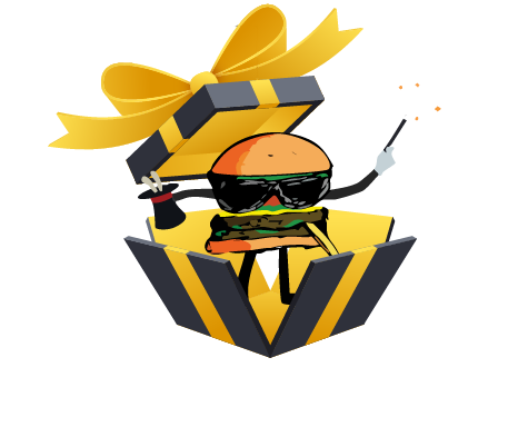 Animated burger wearing sunglasses inside a gift box, BAD BRGR, yellow ribbon.