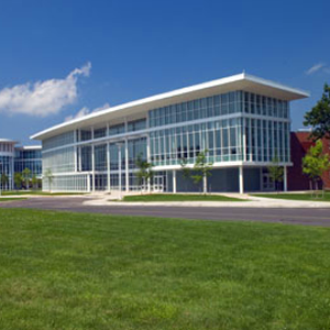 Modern school building with extensive glass windows