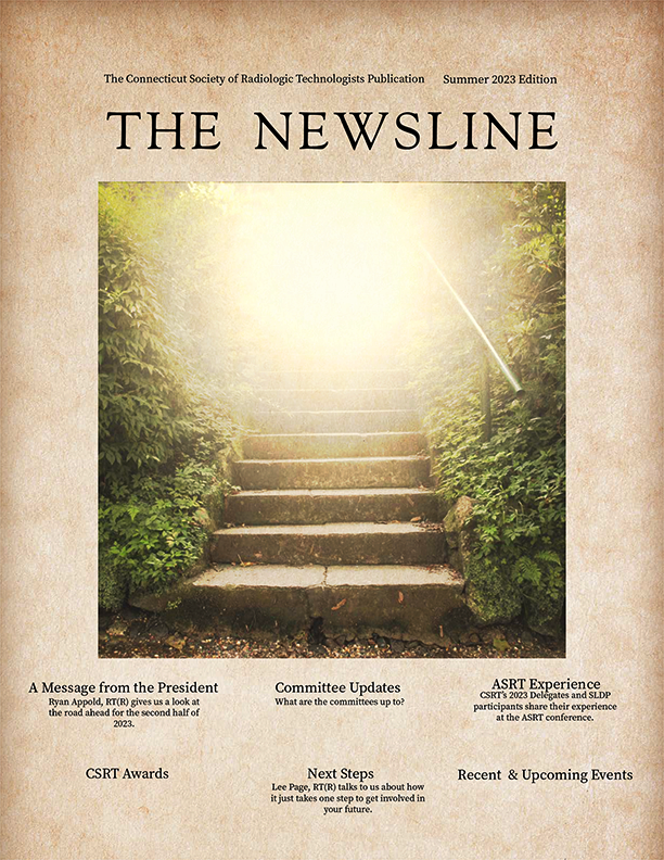 Cover of "The Newsline" newsletter from CSRT, Summer 2023 edition. The cover photo shows a stone stairway with bushes on either side leading upward toward a bright, warm light
