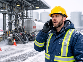 Worker in yellow hard hat and blue jacket talks on phone in snowy industrial setting with tanks and pipes. Snow falling, orange cones visible.