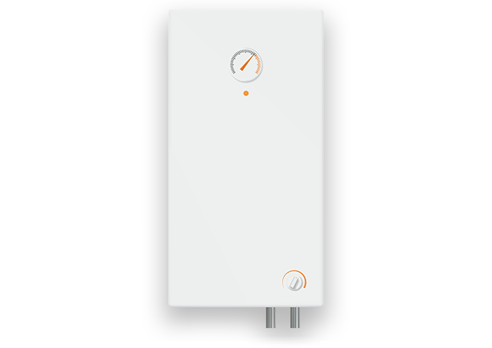White wall-mounted boiler with gauge and two pipes. Boilers are efficient and safe.