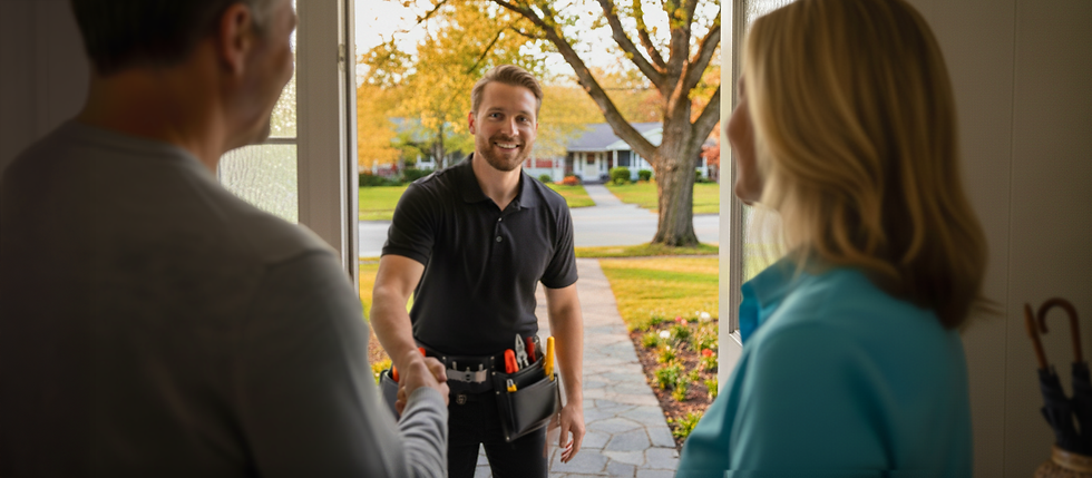 A service man greets a couple at their door for a home visit
