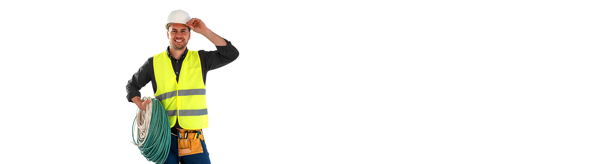 Electrician in safety vest and helmet saluting, holding a green wire roll.