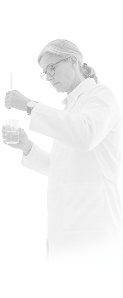 Scientist in lab coat examining object, looking down, bright white background.
