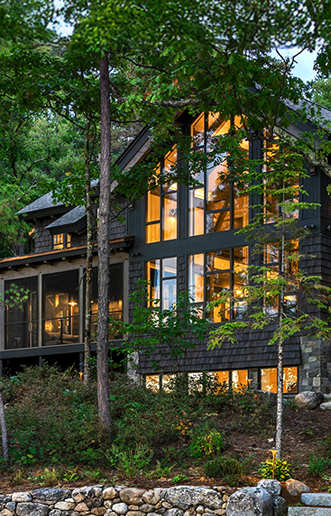 Modern lake house at dusk, CormackConstruction3