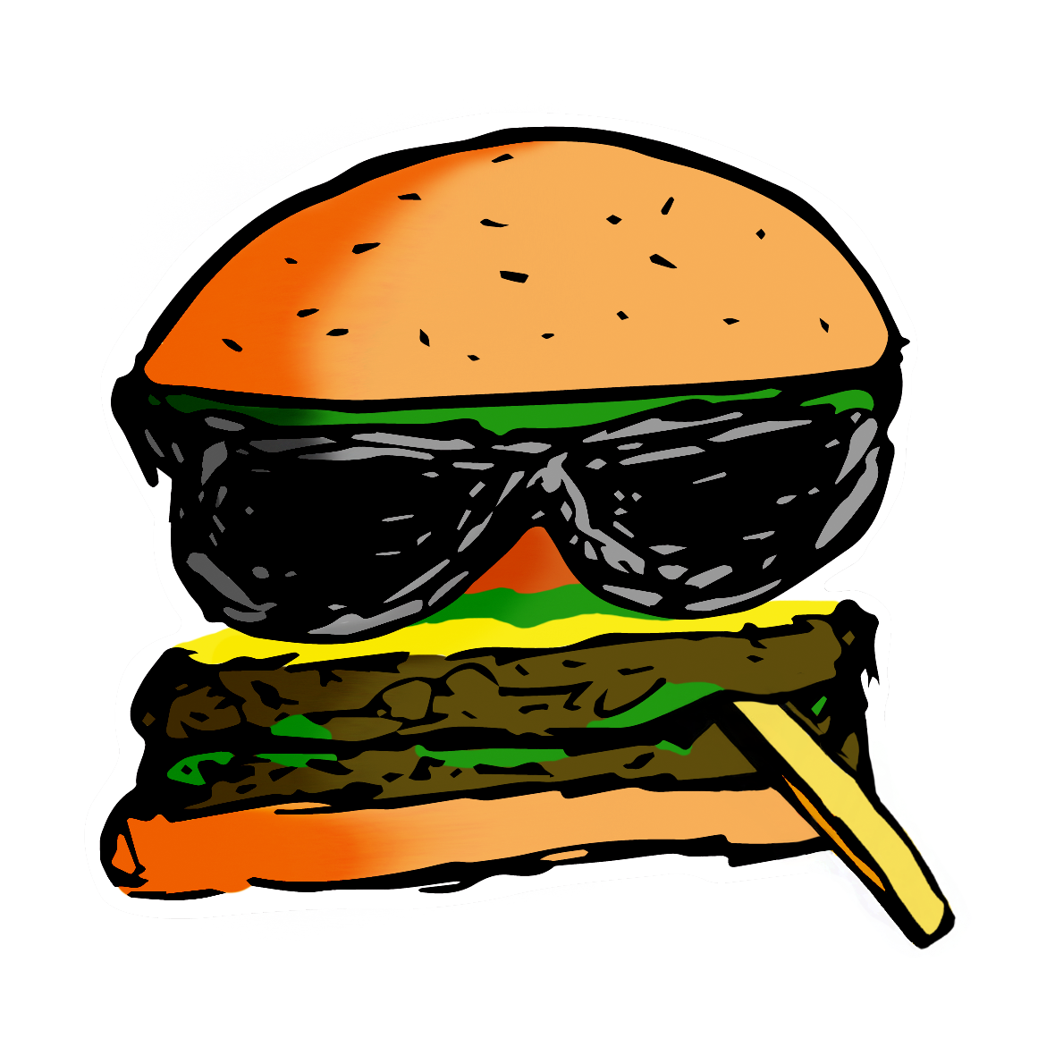 Bad BRGR icon of a cartoon hamburger wearing sunglasses with a french fry hanging out of its mouth