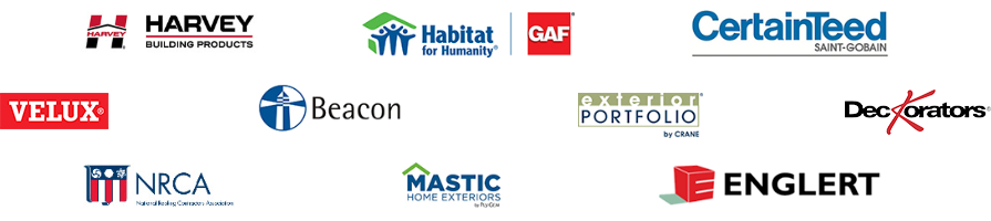 Logos of Harvey, Habitat for Humanity, GAF, and CertainTeed.