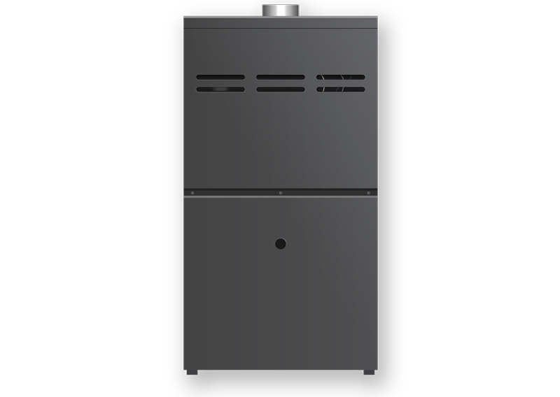 Dark gray furnace unit, with vents and a pipe on top.