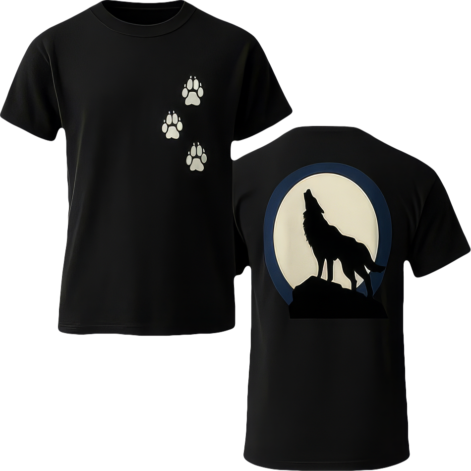 Black t-shirt with paw prints and howling wolf moon design