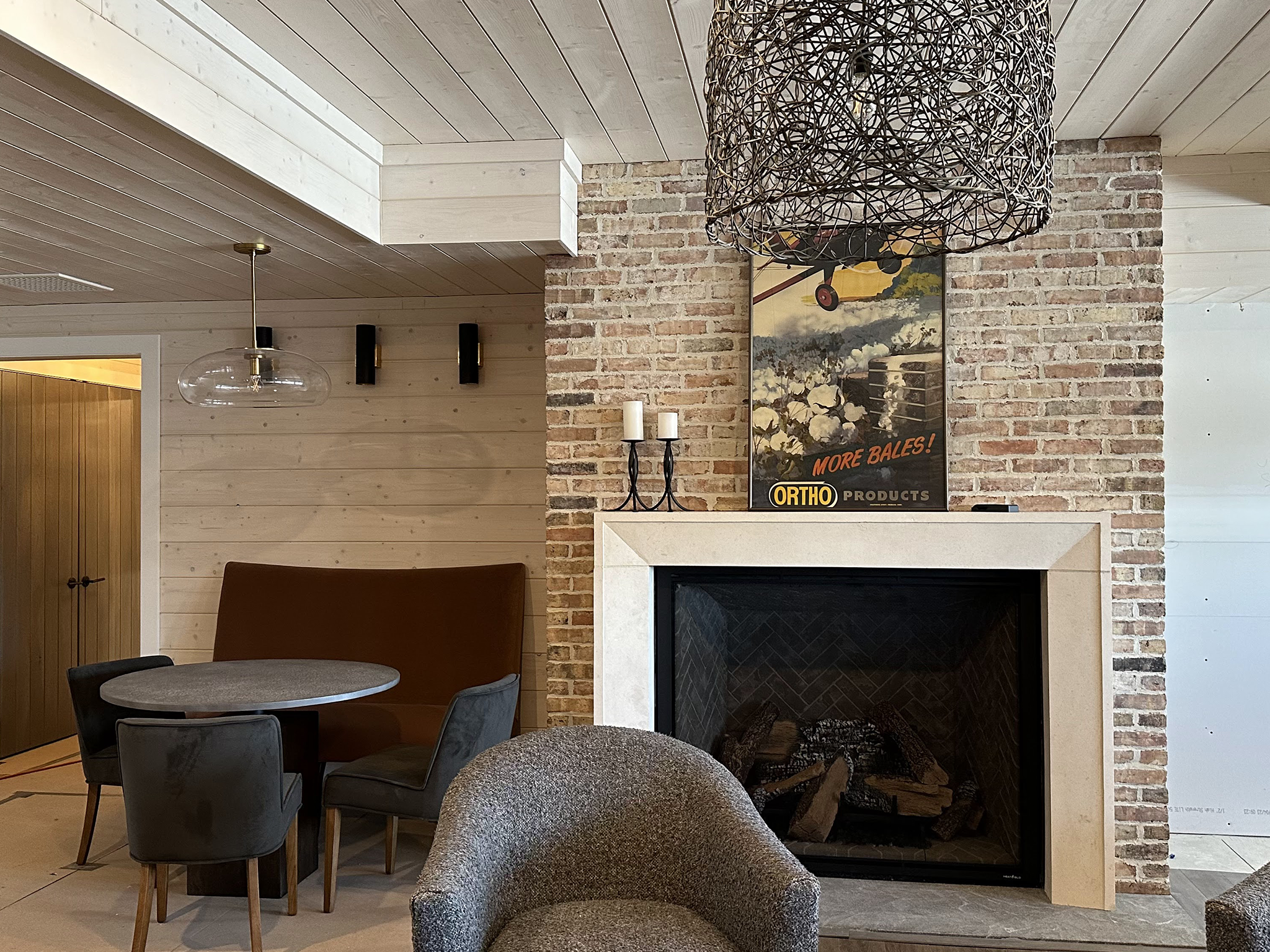 Cozy living room with fireplace, seating