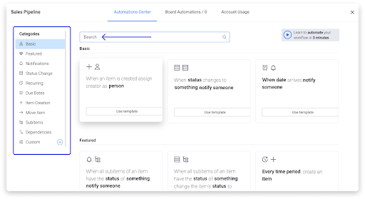 La plataforma ofrece un centro de automatizaciones con diferentes categorías para facilitar la creación rápida de tus recetas.